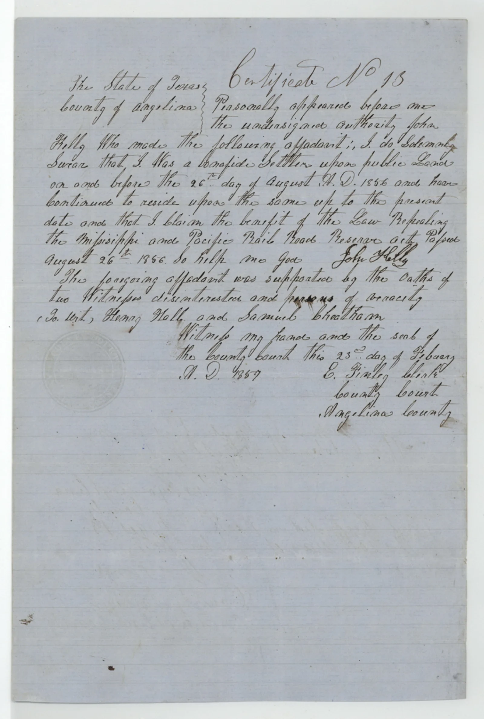Kelly, John Original Cursive Land Grant & Field Notes (Angelina County, Abstract A-400)